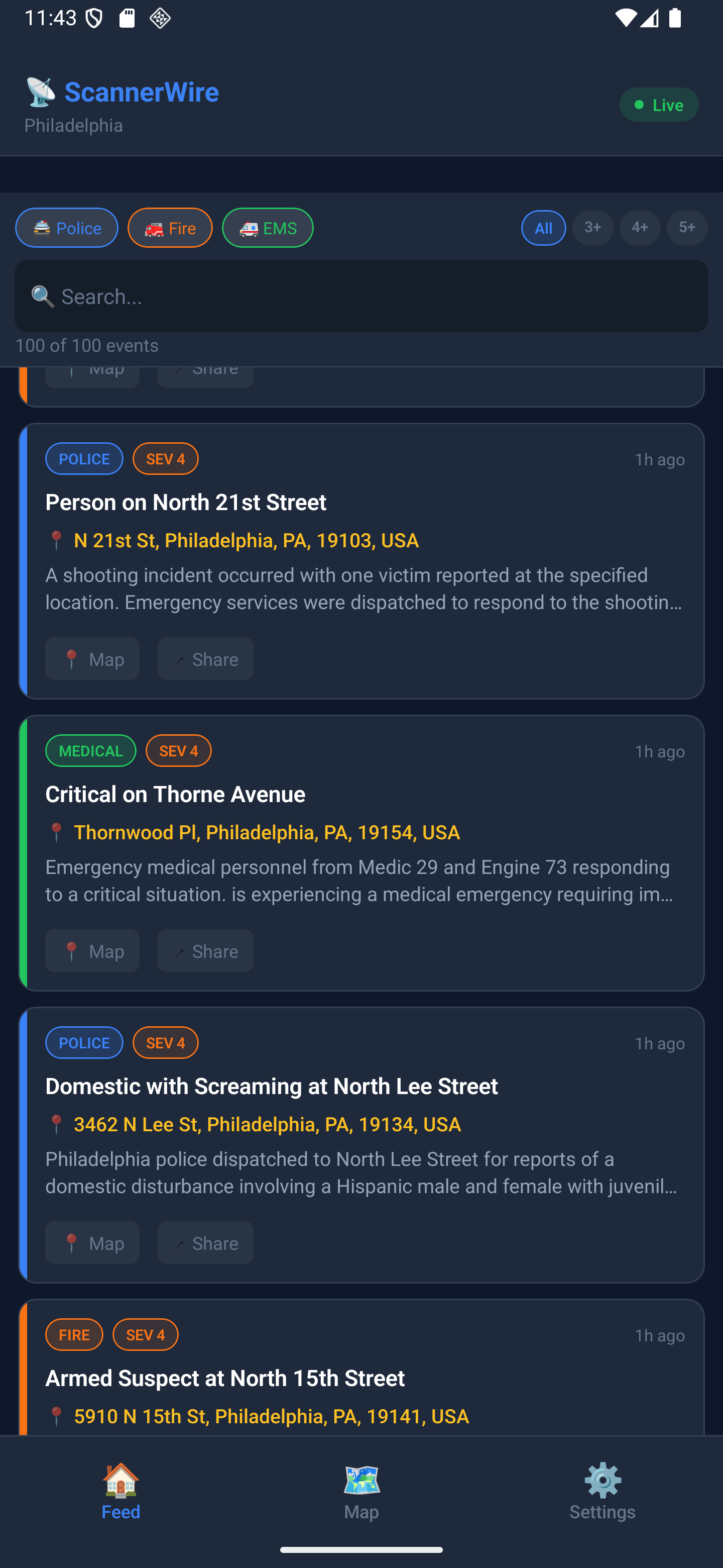 ScannerWire mobile app showing live incident feed with police, fire, and EMS events