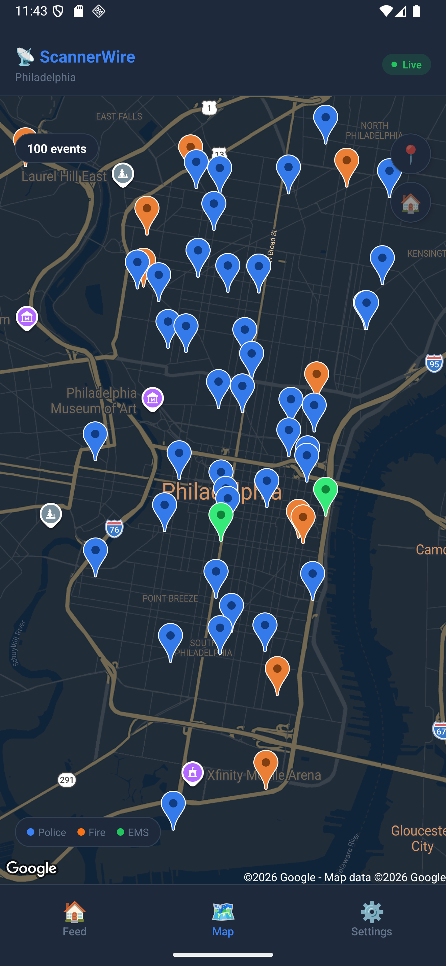 ScannerWire map view showing incident locations across Philadelphia